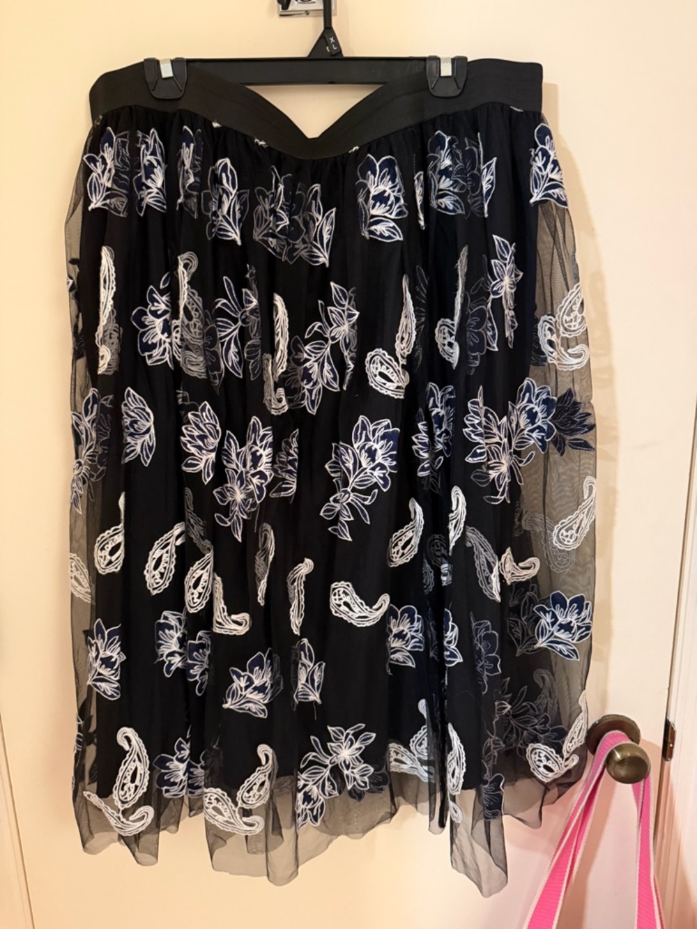 Cato Black Tulle Skirt with White & Navy Floral Embroidery